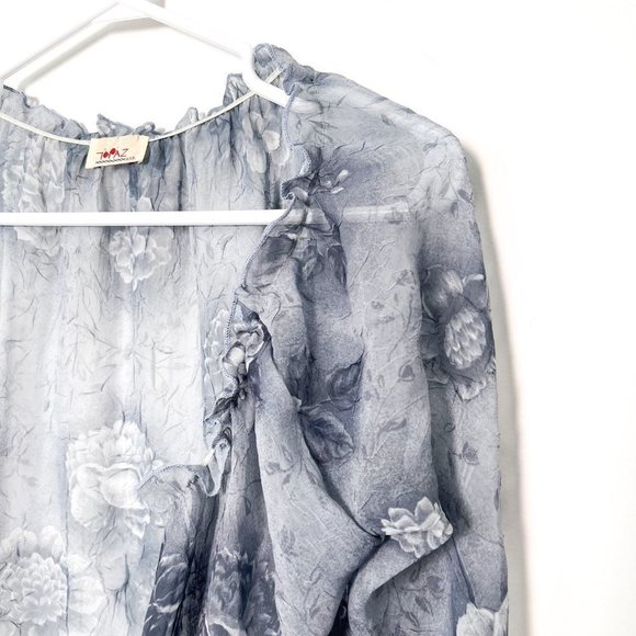 Vintage 80s Blue Floral Sheer Chiffon Cardigan Blouse - Picture 2 of 6